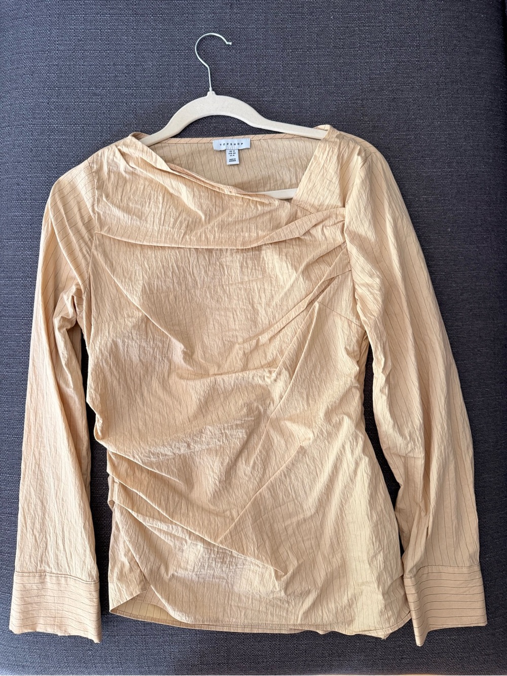Topshop Beige Ruched Long-Sleeve Draped Blouse